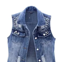 Women's denim vest with beads and slit