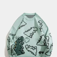 Knitted Sweater With Cartoon Pattern Dinosaur, Men's Casual Warm Sweater With Short Sleeve And Neckline For Men Autumn Winter