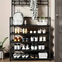 Freestanding coat rack and shoe holder with 4/5 shelves and 8 double hooks - 60 cm © Hall, bathroom, hallway