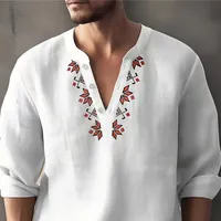 Tričko s retro etnickým vzorem, tenká bavlna, pohodlné, dlouhé rukávy, véčkový výstřih