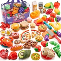Dětská kuchyňská sada na hraní na 78 kusů s řezacím jídle a úložným pytlem - Ovoce, zelenina, pizza a další