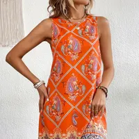 Dress with paisley pattern, V-neck, fringes and free cut for summer and spring