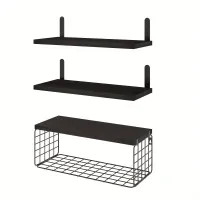 1 set of bathroom shelves above toilet, black floating bathroom shelves wall with wire basket, wooden floating shelves for wall decoration, bathroom wall shelves, wall shelves for bathroom