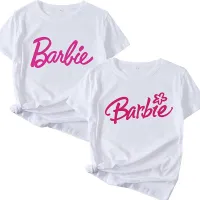 Women's fashionable white T-shirt with short sleeve and trendy Barbie sign