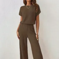 Salopetă din tricot ribbed pentru femei - Pantaloni largi, mânecă scurtă, primăvară & toamnă