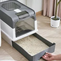 Toaletă portabilă și pliabilă pentru pisici cu capac anti-stropire și lopată - Curățare și instalare ușoară - Toaletă închisă pentru animale de companie