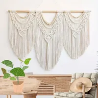 Boho nástěnná tapiserie s třásněmi - elegantní béžová krajka na stěnu pro obývací pokoj, ložnici, kolej, svatbu, domácí dekorace - včetně dřevěné závěsné tyče