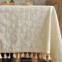 Ubrus macramé, small, fresh style, pasture decoration table, rectangular with pattern flowers daisies, dustproof tablecloth with fringes