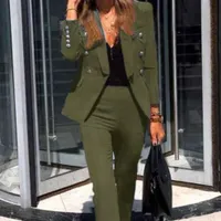 Elegant polyester plain v-neck blazer and long trouser suits