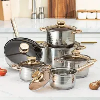 12-piece set of stainless steel pots with non-sticky surface, gold handles and 5-layer bottom