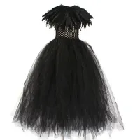 Girl Maleficent Black Halloween costume with feather scarf and tut skirt