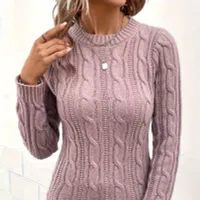 Ladies knitted sweater with round neck and long sleeves in cable pattern