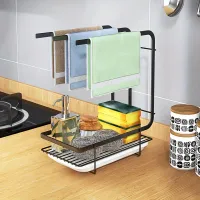 Kitchen Towel Towel Holder, Wall without Drilling Table Storage Holder, Wire Steel Brush Drip Bowl