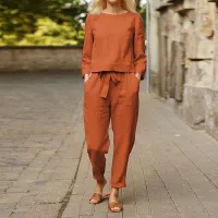Two-piece women's set - single color cotton and linen blouse with round neckline and trousers