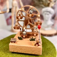 Wooden music box with moving carousel and pets