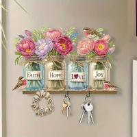 Diamond painting on acrylic with hooks for keys - inspirational wall decoration with birds, flowers and words Faith, Hope, Love, Joy