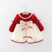 Autumn and winter girls dress with long sleeves, netting, bow and cute motif for parties and common wearing