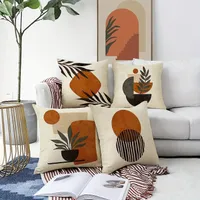 4 pcs boho decorative pillowcases with abstract motif of sunset, plants and olive leaves