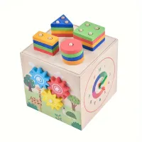 Wooden educational cube for the smallest: sorting shapes, colors and numbers with animals