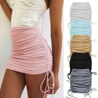 Women's knitted skirt with side pulling on string, elastic striations and sexy adjustable hips
