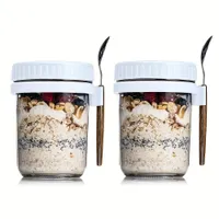 Glass oatmeal canvas with 2 pieces, portable yogurt canister, breakfast can, uzavirable with lid and spoon, salad bowl