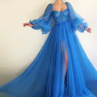Női elegáns maxi báli ruha kék tüllből és tüllből