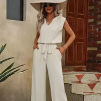 Women's full pants and top with V neckline and wide pants