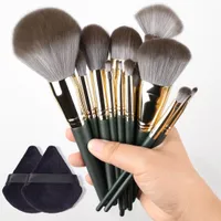 Perfect and fine makeup: Set of brushes for powder, shadows, face and make-up + powder sponge
