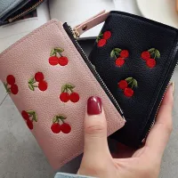 Cherry embroidered coin box wallet, zipper case