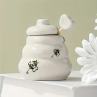 Kids ceramic honey jar with wooden spoon and bee motif - repeatedly usable, multifunctional