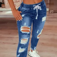 Women's fashion jeans with high elastic waist, torn pants and cord in the waist