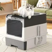 Toaletă pliabilă pentru pisici cu capac: Toaletă acoperită portabilă pentru pisici cu sertar anti-praf și lopată pentru curățare ușoară