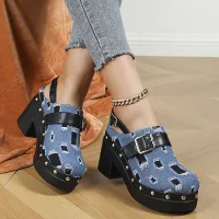 Women's slippers on the platform with closed tip, adjustable belt, rivets and wedge heel - anti-slip