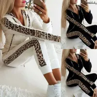 Women's leopard tracksuit with short top and long trousers