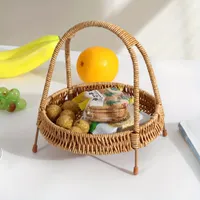 1pc handmade plastic rattan storage basket with handle, round organizer on table, fruit and bread basket, multipurpose woven tray