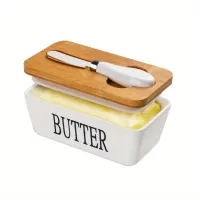 Buttercup, Ceramic Buttercup with bamboo lid and worktop knife, Double silicone seal, White