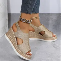 Women's single-colored summer glitter sandals with tightening strap