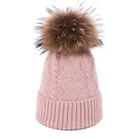 Fashion cap for women with fur cream for winter, warm, wool and cuff