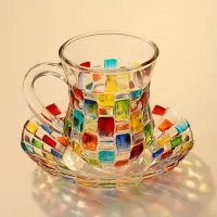 Set of coloured glass cups with saucers