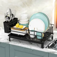 Odkapávací rošt na kuchyňskou linku, Jednoúrovňový sušák na nádobí s velkou kapacitou, Kompaktní odkapávač nádobí s držákem na náčiní a výpustí vody, Kuchyňské doplňky