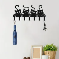 Magic wall hooks with black cat - 7 hooks of metal, decorative key stand for bedroom, iron hooks for door