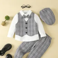 Boys social suit for gentleman - shirt with bow, trousers, vest and hat - set of children's clothes for competition, show, wedding or banquet