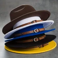 Stylish belt Decor Cap Fedora Unisex Single Color Jazz Hat Casual Warm felt hat Sunshine Western cowboy hats On the way out