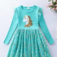 Rochie de prințesă pentru copii cu unicorn, mâneci lungi, paiete și fustă din tulle pentru toamnă, ziua de naștere, petrecere sau nuntă