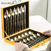24-piece Elegant dining set, stainless steel with polished mirror, gold / silver cutlery, with gift box
