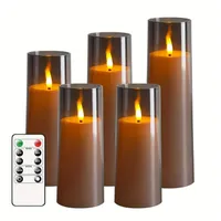 5pcs Flicker Flameless Candle, (H5,84cmxH12,7cm12,7cm15,24cm17,78cm20,32cm) With Remote Control and Timer, LED Candle For Christmas Halloween Wedding Decoration (grey)