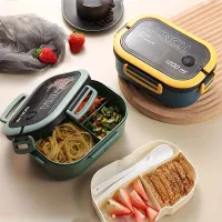 Microwaveable two-tier bento box with compartments, cutlery and freshness preservation