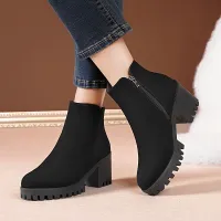 Bottines à talon épais pour femme en couleur unie, avec zip latéral tendance