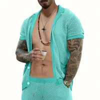 Breathable knitted or crocheted men's set with t-shirt and shorts with broken design