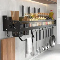 Practical wall mounted spice rack with hooks for your kitchen utensils and dishes